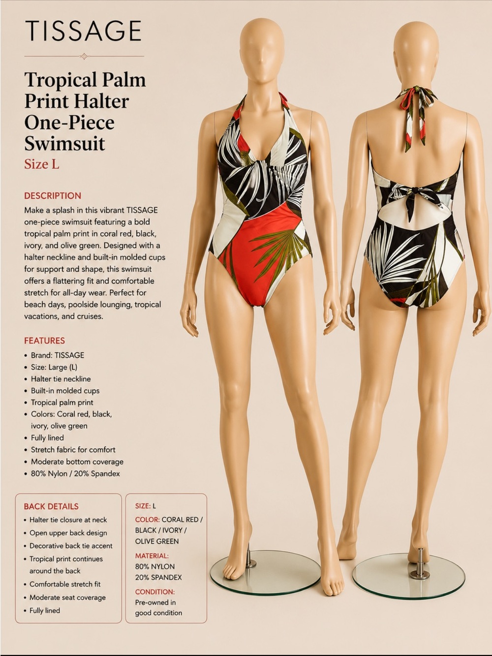 Tissage made in Panama  Coral Red Tropical Palm Halter One-Piece Swimsuit